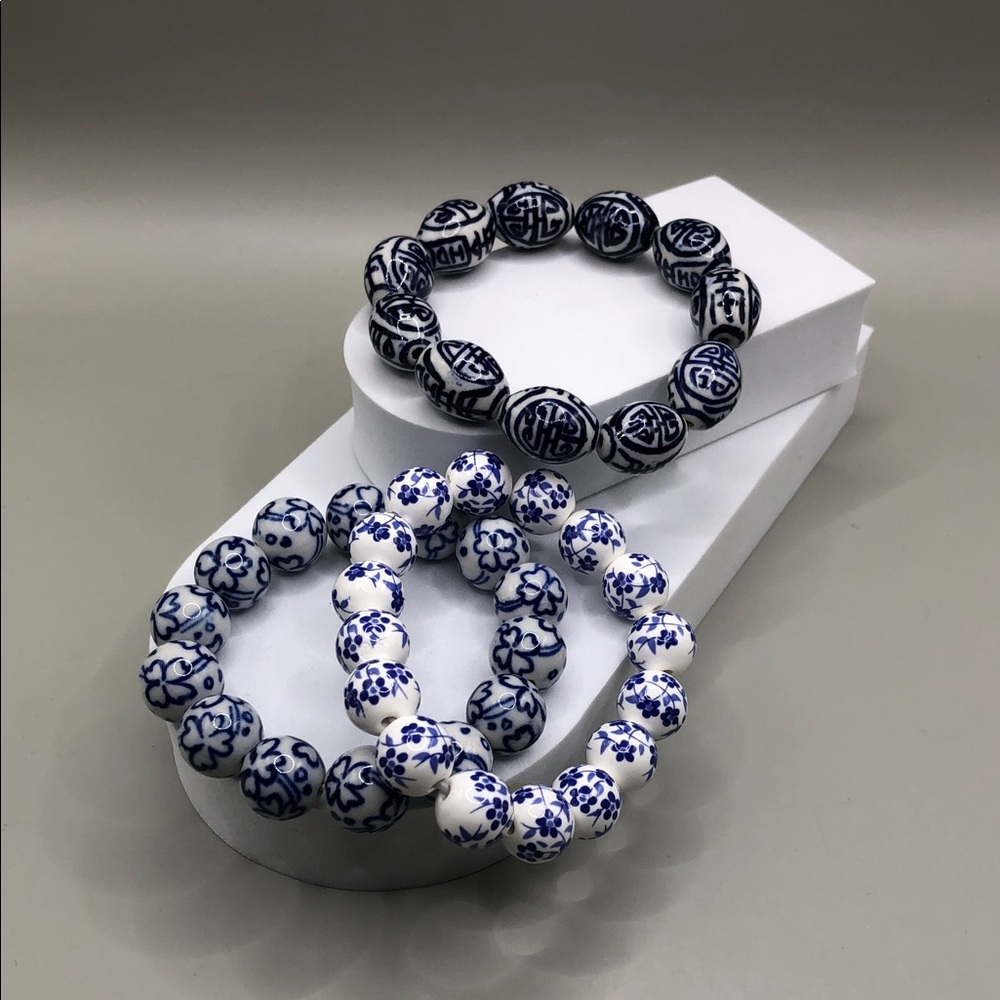 Vintage Chinese Ceramic Stretch Bracelets Bundle 3 Stack Layer Statement Look